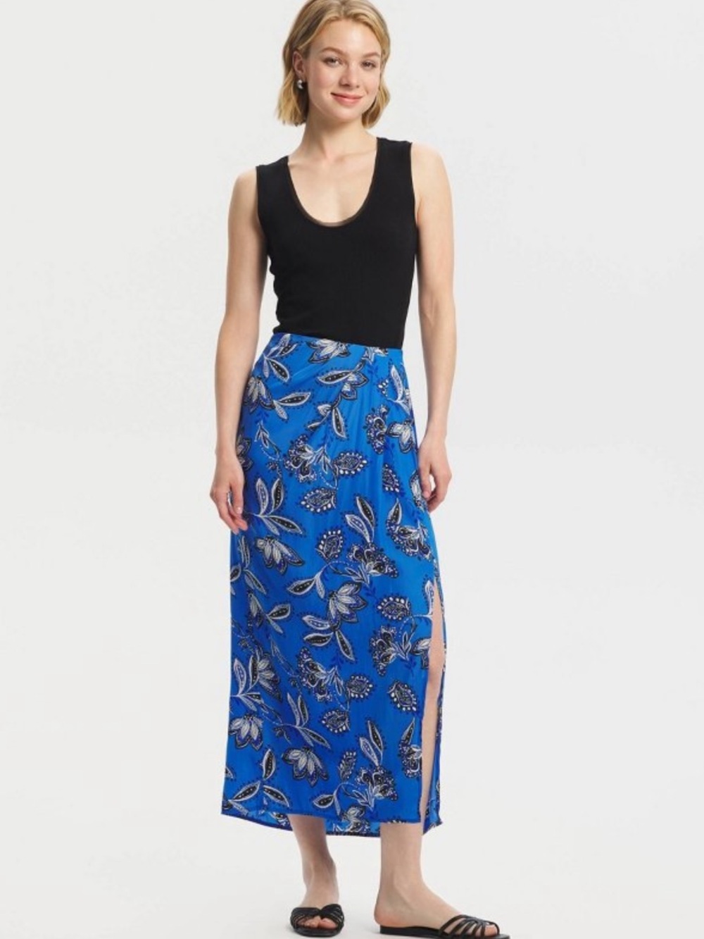 A New Day Floral Midi A-Line Satin Skirt